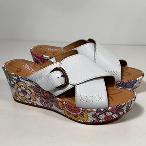 Born Ashley Cross White Leather Strap Floral Wedge Sandals Women Size 9 M